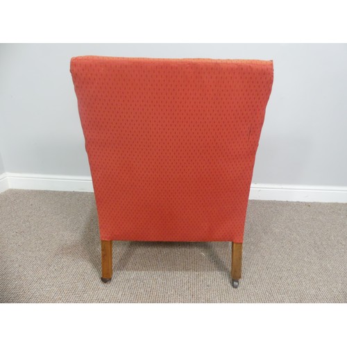 577 - A pair of upholstered Easy Chairs, one with striped upholstery, the other with red upholstery, on sq... 