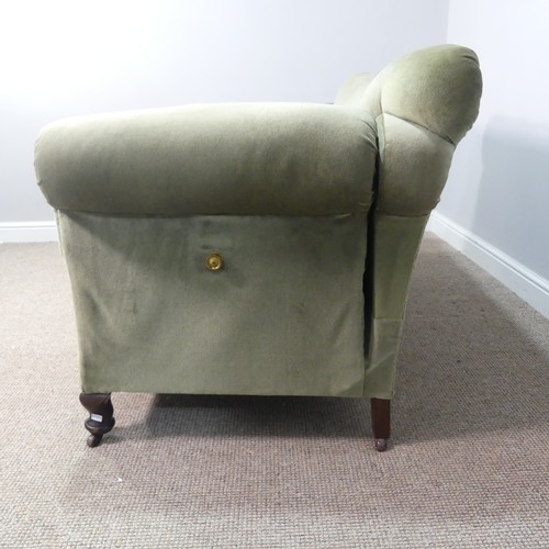 592 - A Chesterfield upholstered Sofa, with green upholstery and turned supports with castors, W 152cm x D... 