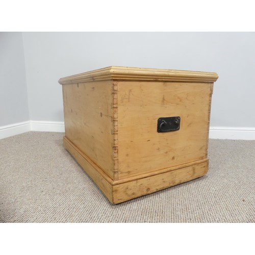 593 - A pine Blanket Box/ Chest, with iron carrying handles to either side, W 90cm x D 55cm x H 52cm.... 