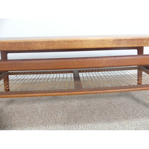 606 - A retro mid 20thC teak tile top Coffee Table, with geometric tiled pattern and mesh undertier, W 149... 