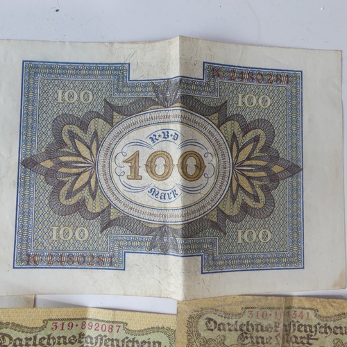 341 - A Collection of 1920's German Reichsbanknote, consisting of two 1 mark notes dated 1920, a 50 Mark n... 