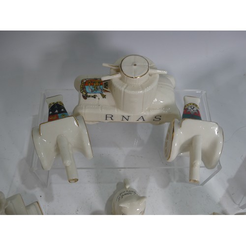 507 - A Carlton China Crested model of a WW1 Tank, with Hastings crest, together with a Carlton China Subm... 