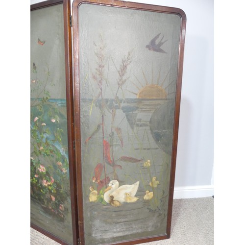 611 - An early 20thC mahogany-framed painted three-fold Screen, one side of leatherette, with hand painted... 