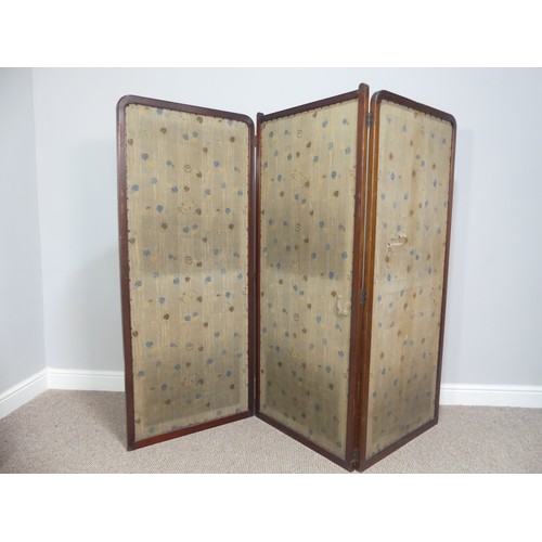 611 - An early 20thC mahogany-framed painted three-fold Screen, one side of leatherette, with hand painted... 