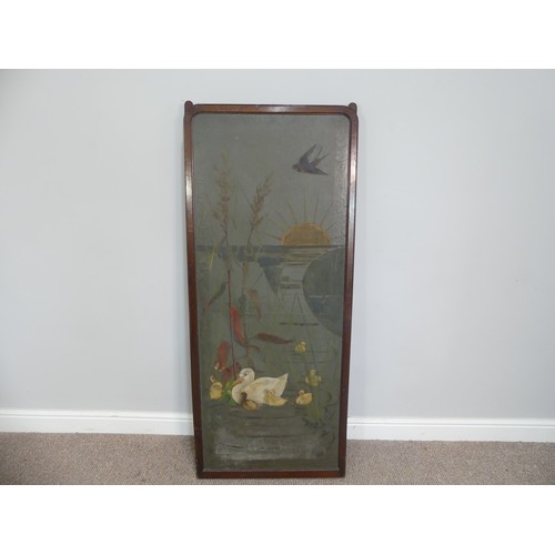 611 - An early 20thC mahogany-framed painted three-fold Screen, one side of leatherette, with hand painted... 