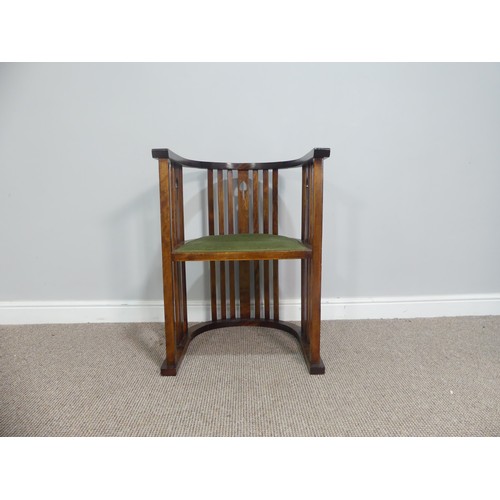 625 - An Arts and Crafts Tub Chair, with slatted back and sides with central spade motif, green upholstere... 