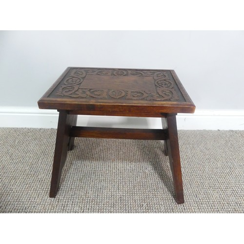 627 - An Arts and Crafts copper-topped Side Table, with floral motif, raised on square legs, W 46cm x D 28... 