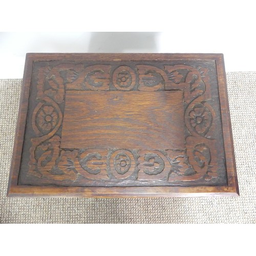 627 - An Arts and Crafts copper-topped Side Table, with floral motif, raised on square legs, W 46cm x D 28... 