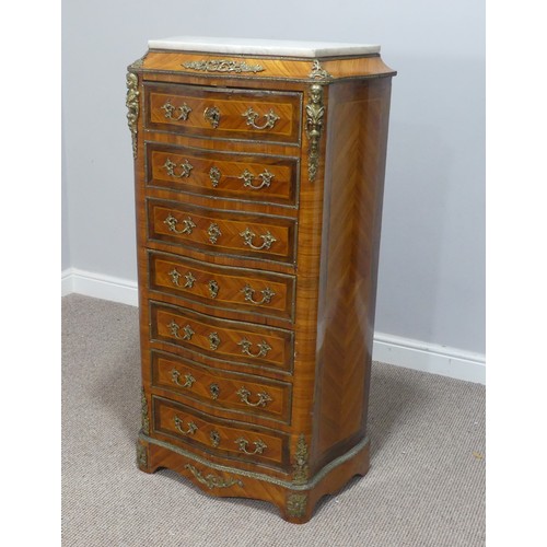 638 - A French Louis XV style kingwood quarter-veneered Secretaire, the marble top above a fall front reve... 