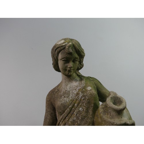 679 - Garden Statuary: a reconstituted stoneware figure of Pandora, raised on circular base, H 91cm, toget... 