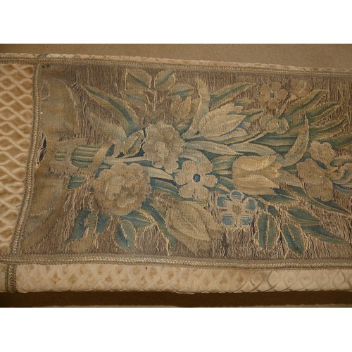 647 - An antique tapestry and fabric upholstered long Stool, fading, holes and watermarks to covering, W 1... 