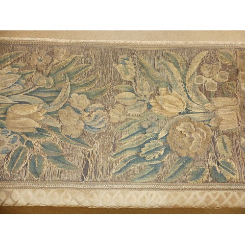 647 - An antique tapestry and fabric upholstered long Stool, fading, holes and watermarks to covering, W 1... 