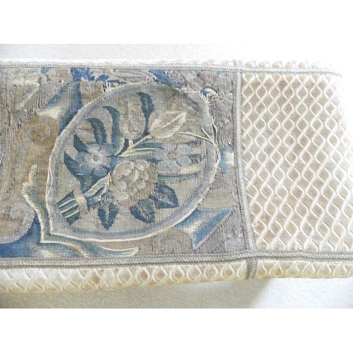 647 - An antique tapestry and fabric upholstered long Stool, fading, holes and watermarks to covering, W 1... 