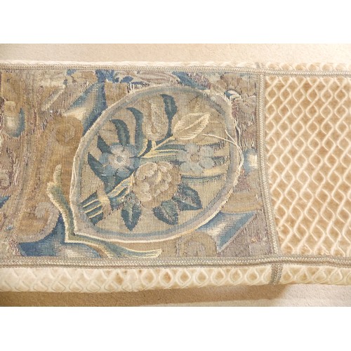 647 - An antique tapestry and fabric upholstered long Stool, fading, holes and watermarks to covering, W 1... 