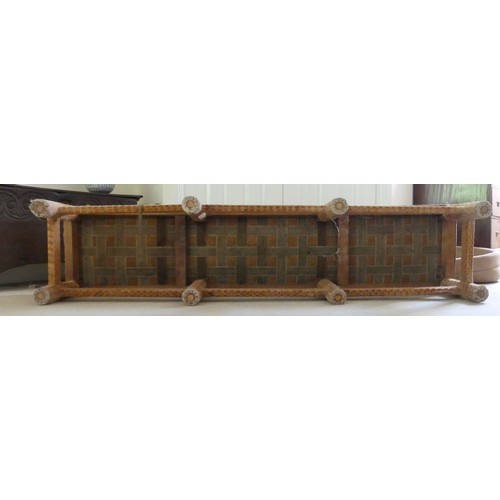 647 - An antique tapestry and fabric upholstered long Stool, fading, holes and watermarks to covering, W 1... 