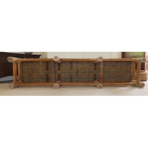 647 - An antique tapestry and fabric upholstered long Stool, fading, holes and watermarks to covering, W 1... 