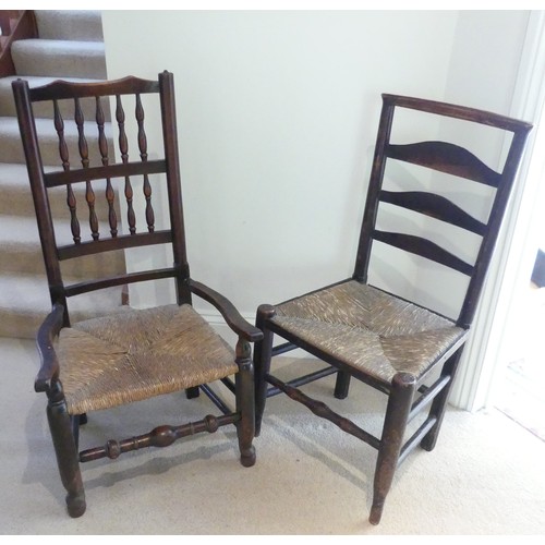 658 - A set of seven Georgian style Dining Chairs, with spindle back and rush seat, raised on turned legs ... 