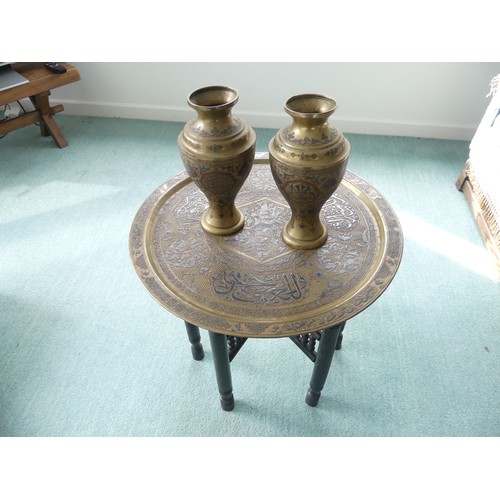 668 - A Persian ‘Benares’ brass-top Folding Table, W 56cm x D 56cm x H 52cm, together with a pair of simil... 