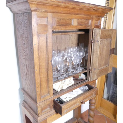 669 - A Victorian carved oak Cupboard, with central cupboard above a frieze drawer, raised on turned legs ... 