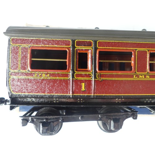 280 - Bing for Bassett-Lowke, a No.64/0 LMS 1st Class Corridor Coach, 2784, red with yellow lining, boxed.... 