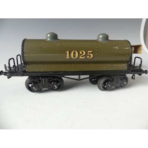 284 - Bing '0' gauge 10/529/0 Petrol Wagon, green, 1025, boxed, and Bing 10/527/0 Barrel Car, green with c... 