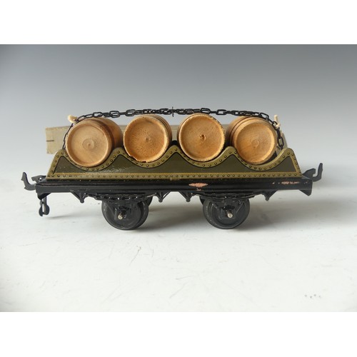 284 - Bing '0' gauge 10/529/0 Petrol Wagon, green, 1025, boxed, and Bing 10/527/0 Barrel Car, green with c... 