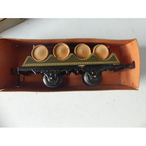 284 - Bing '0' gauge 10/529/0 Petrol Wagon, green, 1025, boxed, and Bing 10/527/0 Barrel Car, green with c... 