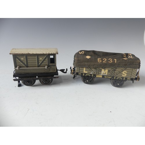 284 - Bing '0' gauge 10/529/0 Petrol Wagon, green, 1025, boxed, and Bing 10/527/0 Barrel Car, green with c... 