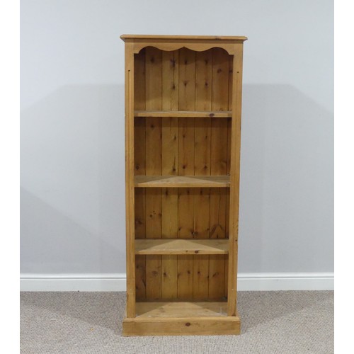 673 - A modern pine open Bookcase, with three fixed shelves, W 61cm x D 29cm x H 154cm.