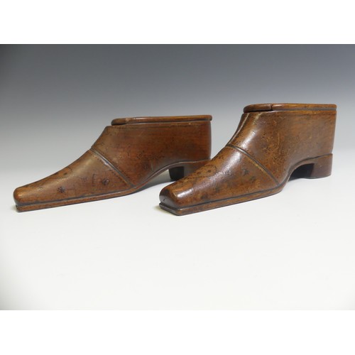 635 - A pair of Georgian treen Snuff Boxes, in the form of a shoe with heart detail, length 17cm, some spl... 