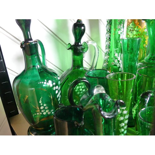 526 - A Mary Gregory Bristol green glass Decanter, together with a Vase with similar decoration and a quan... 