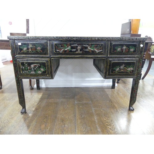 660 - An Aesthetic Movement Chinoiserie Desk, with five drawers, raised on square legs, W 122cm x D 66cm x... 