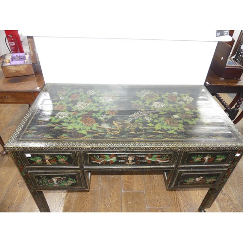 660 - An Aesthetic Movement Chinoiserie Desk, with five drawers, raised on square legs, W 122cm x D 66cm x... 