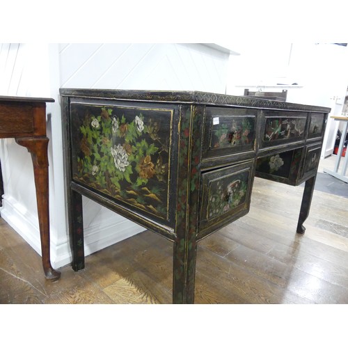 660 - An Aesthetic Movement Chinoiserie Desk, with five drawers, raised on square legs, W 122cm x D 66cm x... 