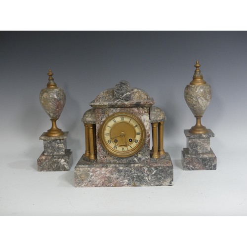 642 - A Victorian grey marble three-piece Clock Garniture, clock with loose side panel, 39cm high, 27cm wi... 