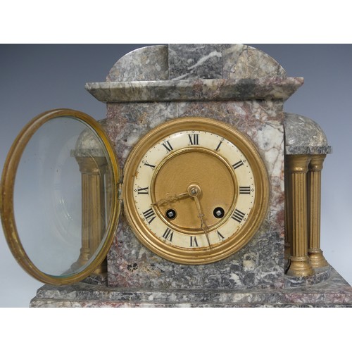 642 - A Victorian grey marble three-piece Clock Garniture, clock with loose side panel, 39cm high, 27cm wi... 