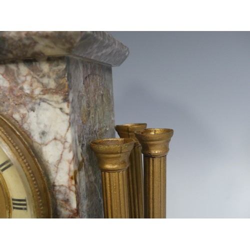 642 - A Victorian grey marble three-piece Clock Garniture, clock with loose side panel, 39cm high, 27cm wi... 