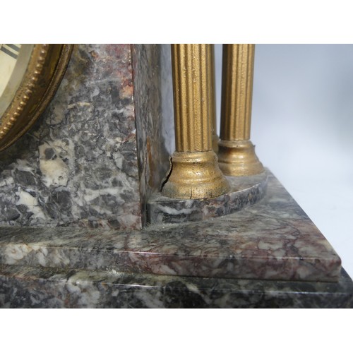 642 - A Victorian grey marble three-piece Clock Garniture, clock with loose side panel, 39cm high, 27cm wi... 