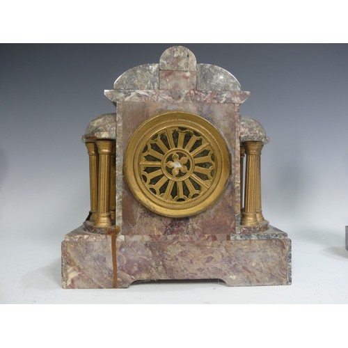 642 - A Victorian grey marble three-piece Clock Garniture, clock with loose side panel, 39cm high, 27cm wi... 