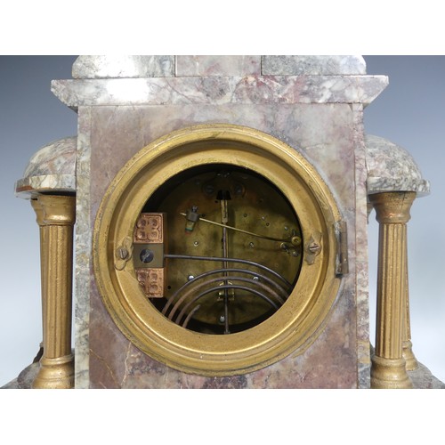 642 - A Victorian grey marble three-piece Clock Garniture, clock with loose side panel, 39cm high, 27cm wi... 