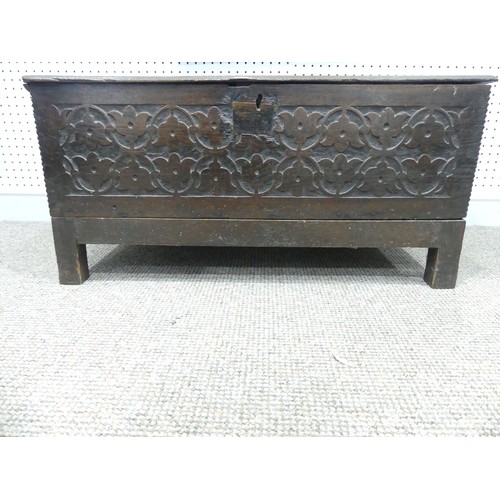 664 - An 18th century oak Coffer, of small size, with carved front, on square legs, W 86cm x D 49cm x H 41... 