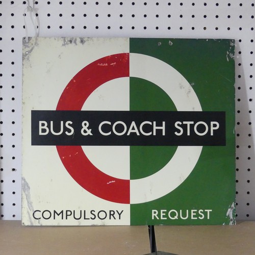 364 - A London Transport double sided white enamel Bus Stop, W 45cm X H 52cm X D 8cm, complete with six ro... 