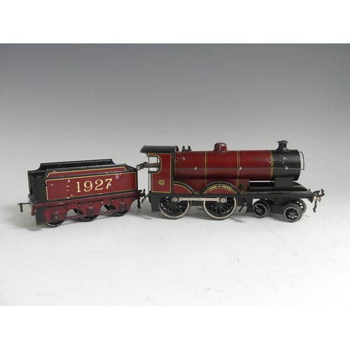 Bassett-Lowke '0' gauge 1927 4-4-0 locomotive and tender, clockwork, red and black lined in yellow.