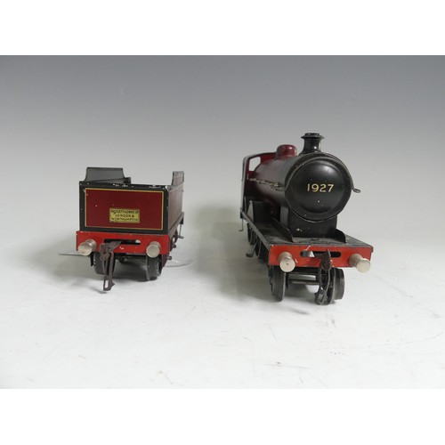 281 - Bassett-Lowke '0' gauge 1927 4-4-0 locomotive and tender, clockwork, red and black lined in yellow.... 