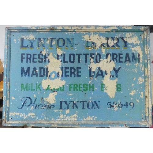 302A - Lynton Dairy: a vintage painted wood advertising sign for Lynton Dairy Fresh Clotted Cream, in poor ... 