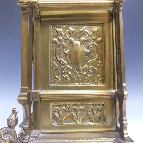 257 - A late 19th century French gilt brass Gothic revival style Mantel Clock, the architectural case with... 