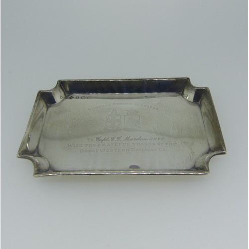 87 - Railwayana; A small silver presentation Tray, by A C Bloxham Ltd., hallmarked Birmingham, 1926, the ... 