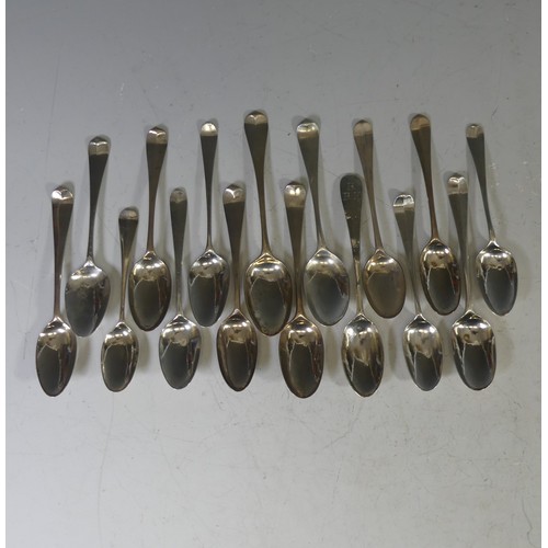 96 - A collection of sixteen mid 18thC silver Teaspoons, various makers, the bowls all with fancy / pictu... 