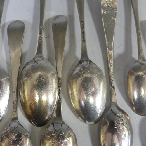 96 - A collection of sixteen mid 18thC silver Teaspoons, various makers, the bowls all with fancy / pictu... 