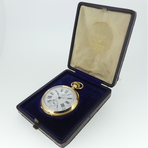 A Continental 18ct gold open face chronograph Pocket Watch, Marcks & Co. Ld., with glazed cuvette, the white enamel dial with black Roman numerals, minute track with five minute divisions, subsidiary seconds and centre chronograph seconds, dial signed ‘Marcks & Co. Ld. Bombay & Poona’, the hinged back cover marked ‘M&Co.Ld’ and ‘Swiss Made’, No.38260, enclosing a glazed cuvette, the Swiss movement signed ‘Marcks & Co. Ld. Bombay & Poona’, case 50mm diameter, gross weight 101.5g, contained in a fitted leather case marked ‘Charles Frodsham & Co. Ltd, To the King, 115, New Bond St., London. W.